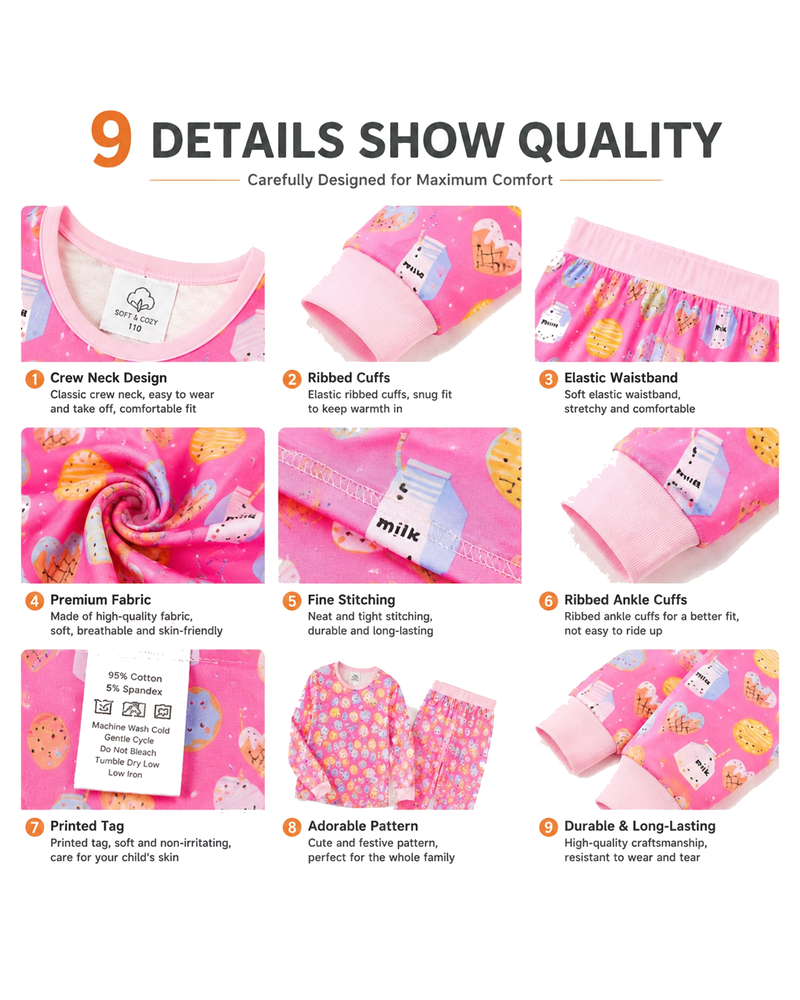 Detail views of pink printed sibling matching sleepwear