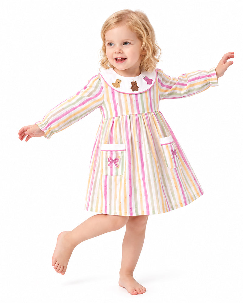 Girls multicolor stripe dress with contrast white yoke neckline