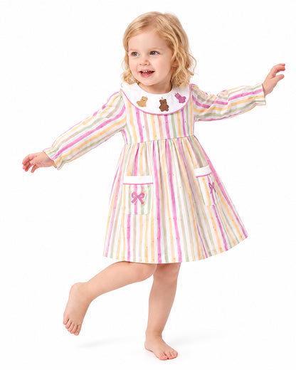 Girls multicolor stripe dress with contrast white yoke neckline