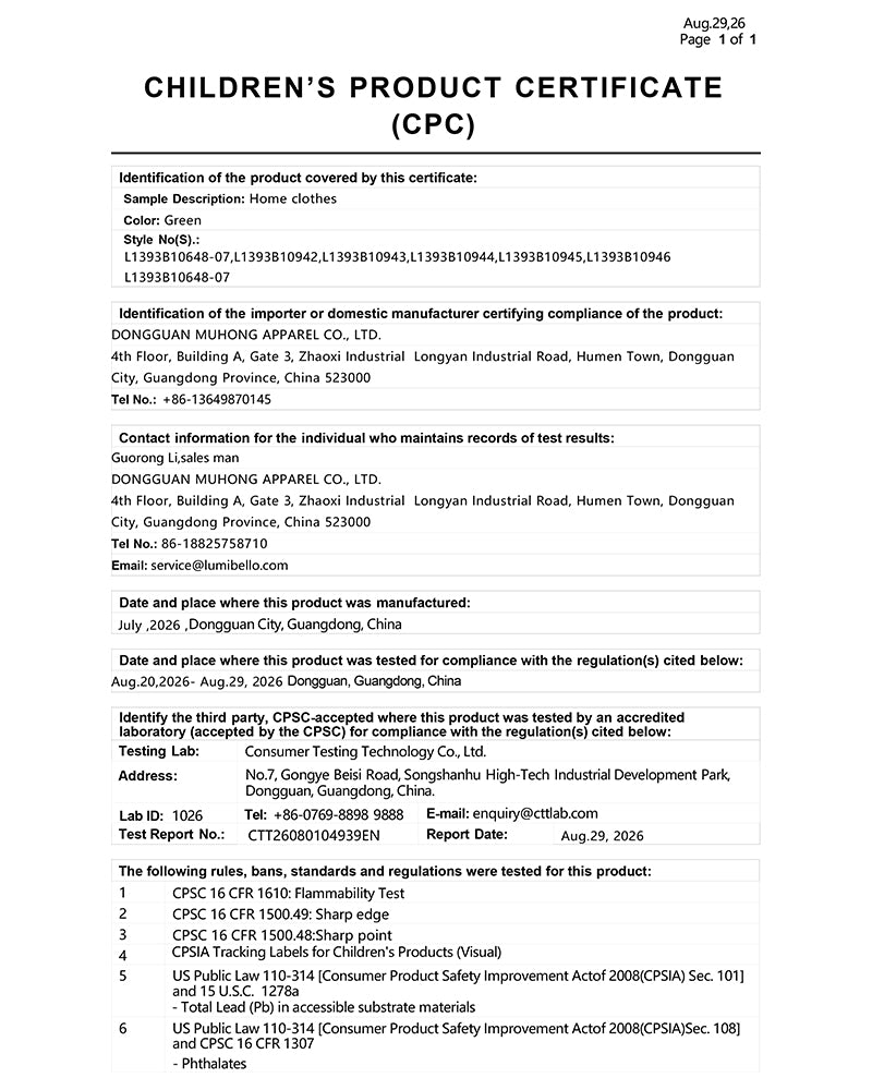 Children's Product Certificate for baby sleepwear product