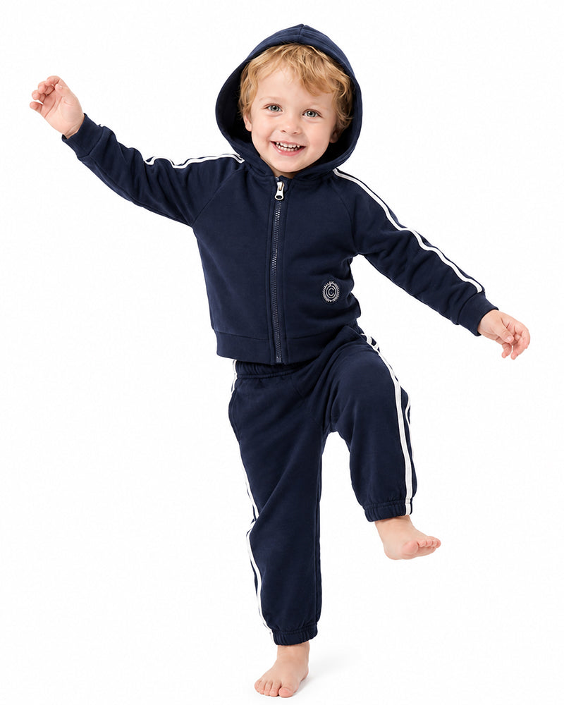 Kids navy hoodie and pants tracksuit set full body view