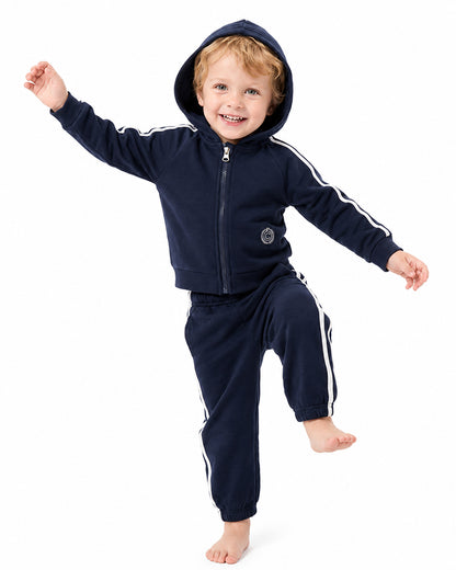 Kids navy hoodie and pants tracksuit set full body view