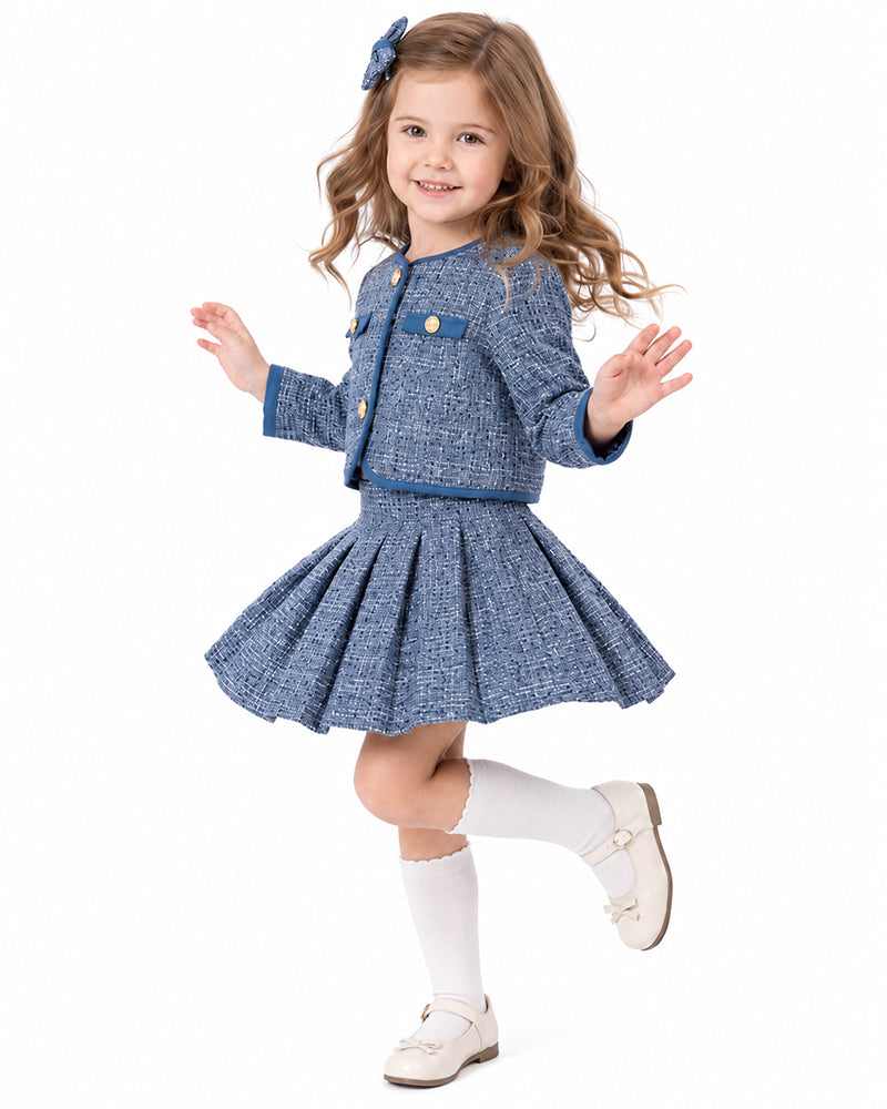 Girls navy textured jacket and pleated skirt outfit full body view