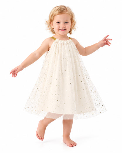 Girls cream sleeveless dress with gathered neckline and full skirt