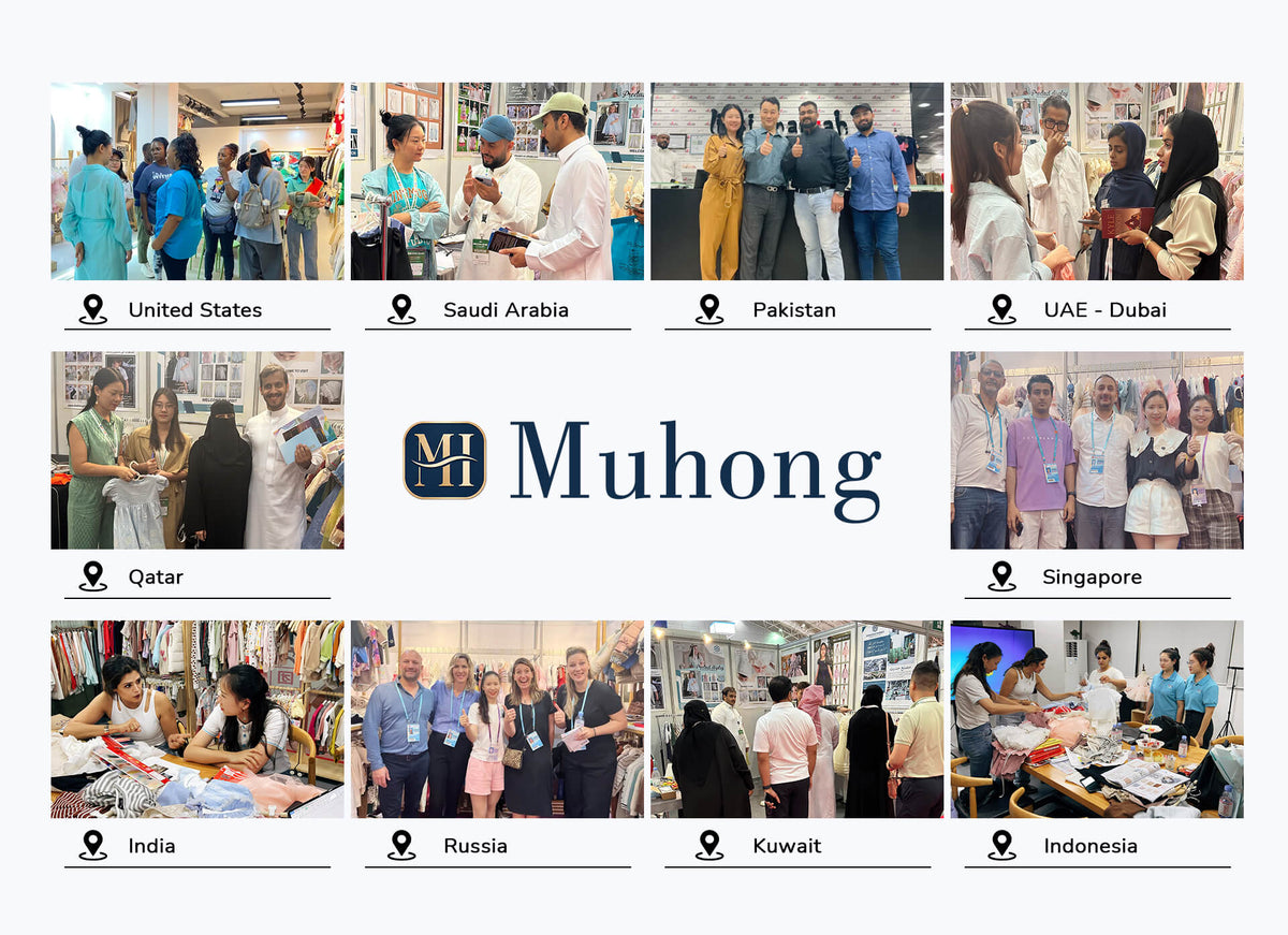 Muhong Apparel global clients collage, international buyers from USA, Saudi Arabia, Pakistan, UAE Dubai, Qatar, Singapore, India, Russia, Kuwait, Indonesia, kids clothing factory trade show meeting photos