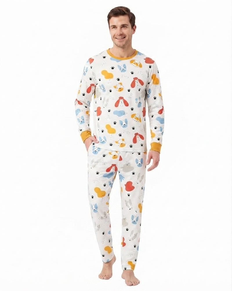 Man wearing animal print long sleeve pajama set