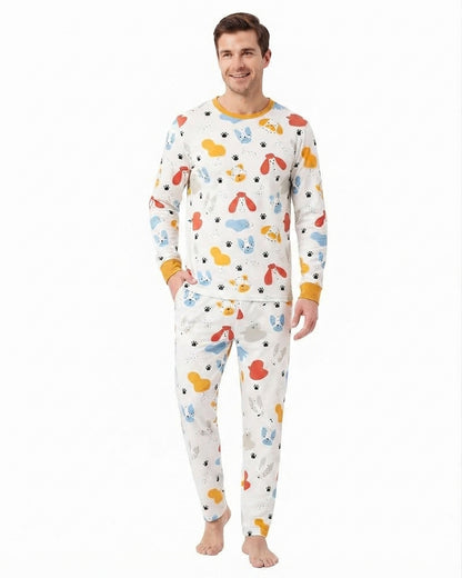Man wearing animal print long sleeve pajama set