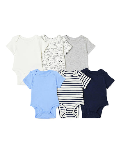 Unisex baby short sleeve bodysuit 5-pack blue solids stripes and animal print set - MUHONG APPAREL