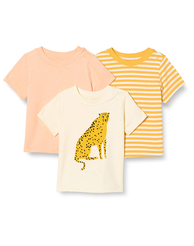 Yellow 3-pack kids T-shirt set with leopard print and stripes - Alice Apparel