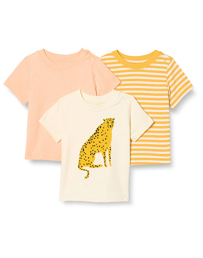 Yellow 3-pack kids T-shirt set with leopard print and stripes - Alice Apparel
