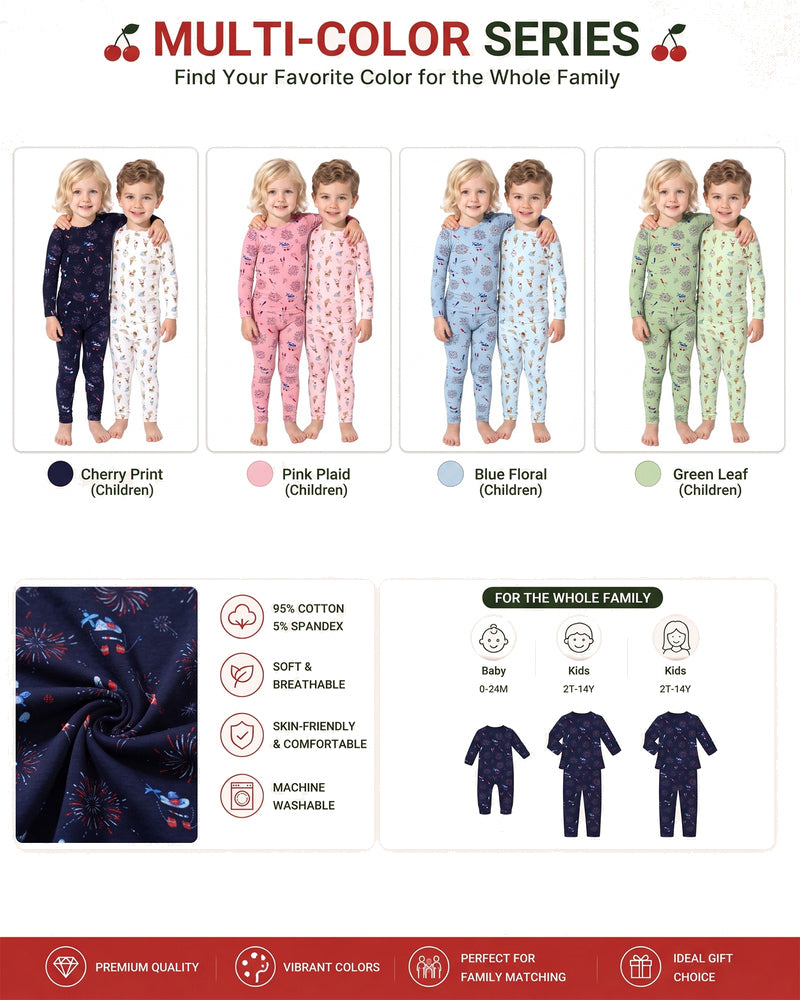 Sibling matching pajama sets shown in multiple coordinated colorways