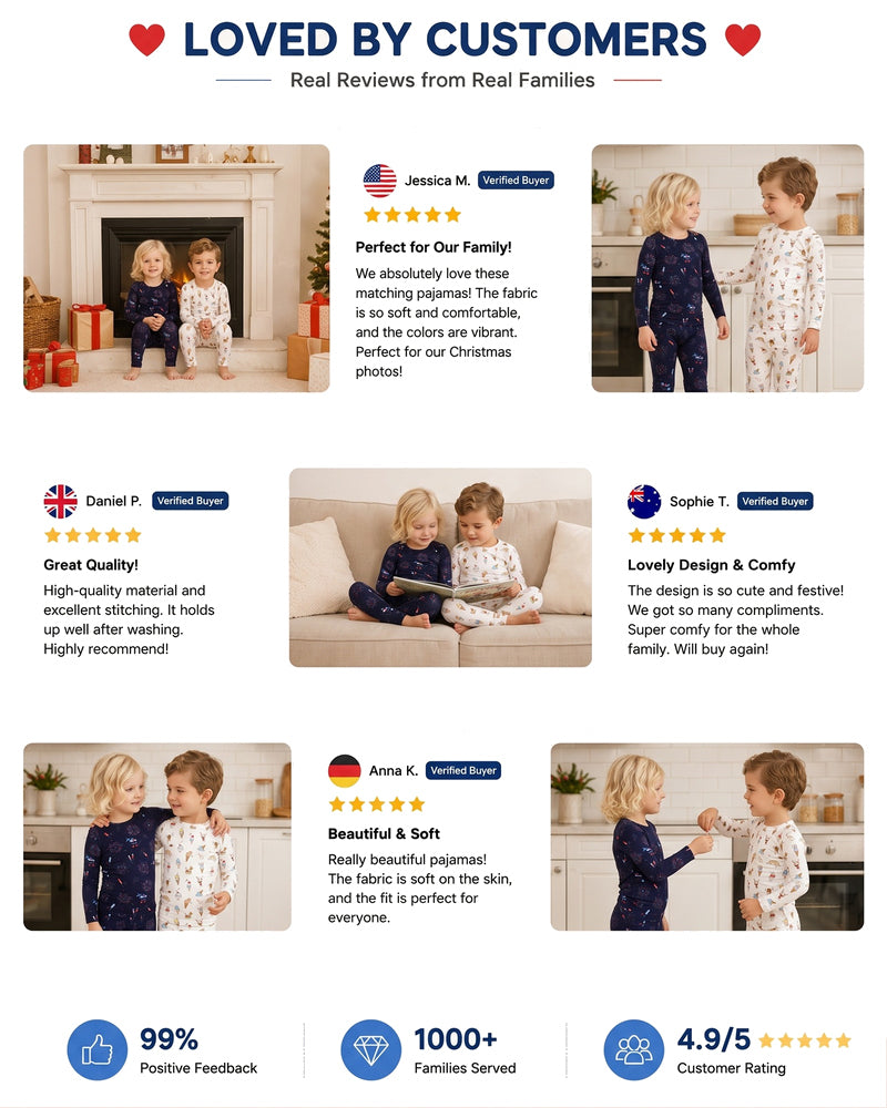 Detail views of navy printed long sleeve kids pajama set