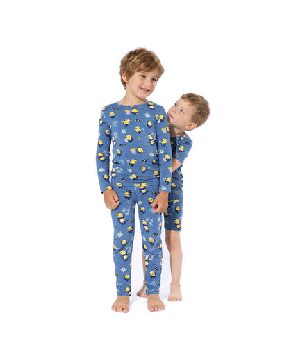 Children wearing blue printed sibling matching long sleeve pajamas