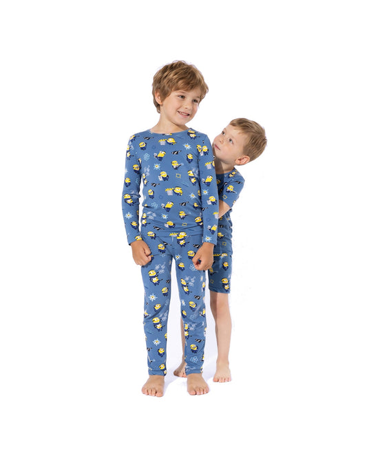 Children wearing blue printed sibling matching long sleeve pajamas