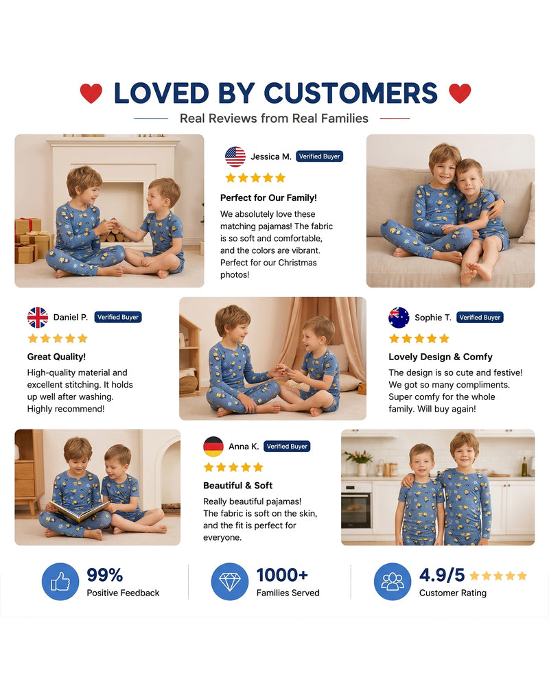 Customer presentation of blue sibling matching pajama sets