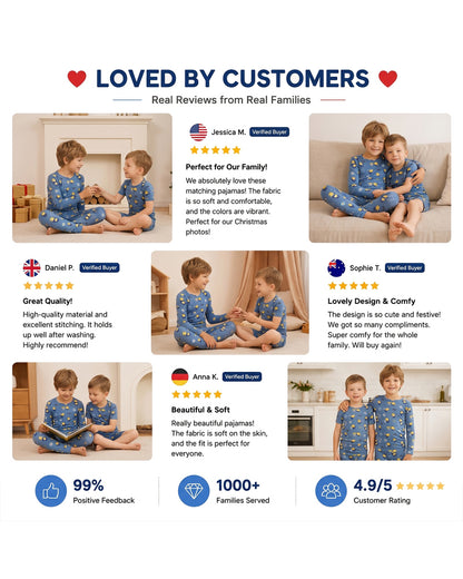 Customer presentation of blue sibling matching pajama sets