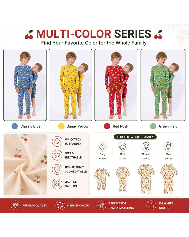 Sibling matching long sleeve pajamas shown in multiple colorways