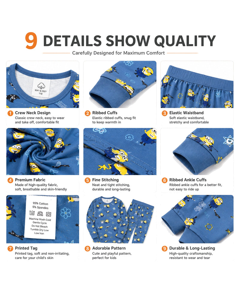 Detail views of blue printed kids long sleeve pajama set