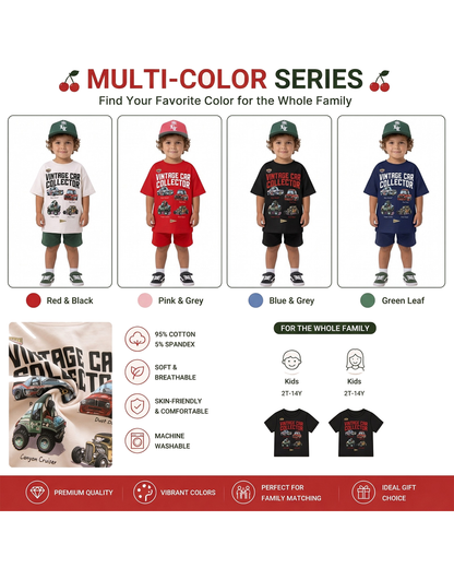 Boys vintage car graphic T-shirts shown in off white, red, black, and navy