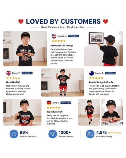 Customer review collage featuring boys vintage car graphic T-shirt
