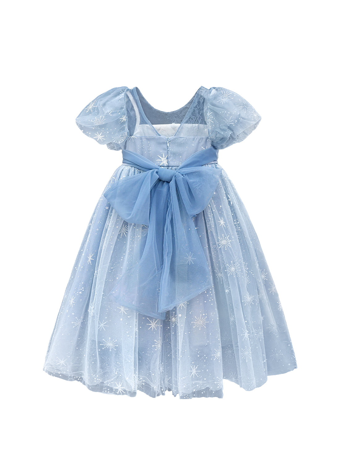 Back view of a girls blue snowflake tulle dress with a waist bow