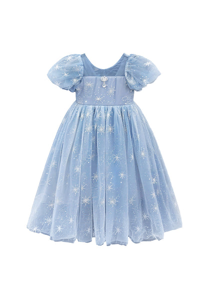 Blue girls snowflake tulle party dress with puff sleeves and layered skirt