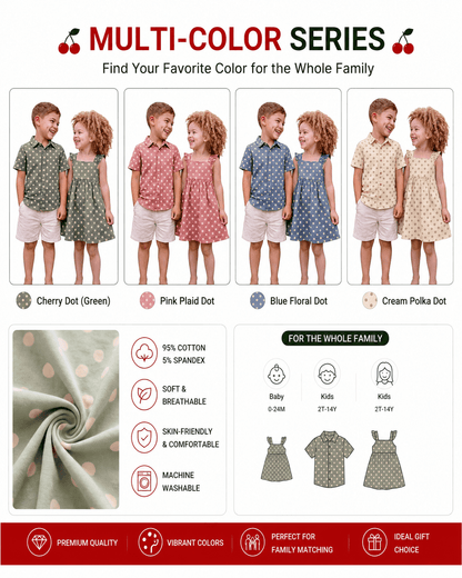 Sage green, pink, blue, and ivory polka dot sibling outfit color options