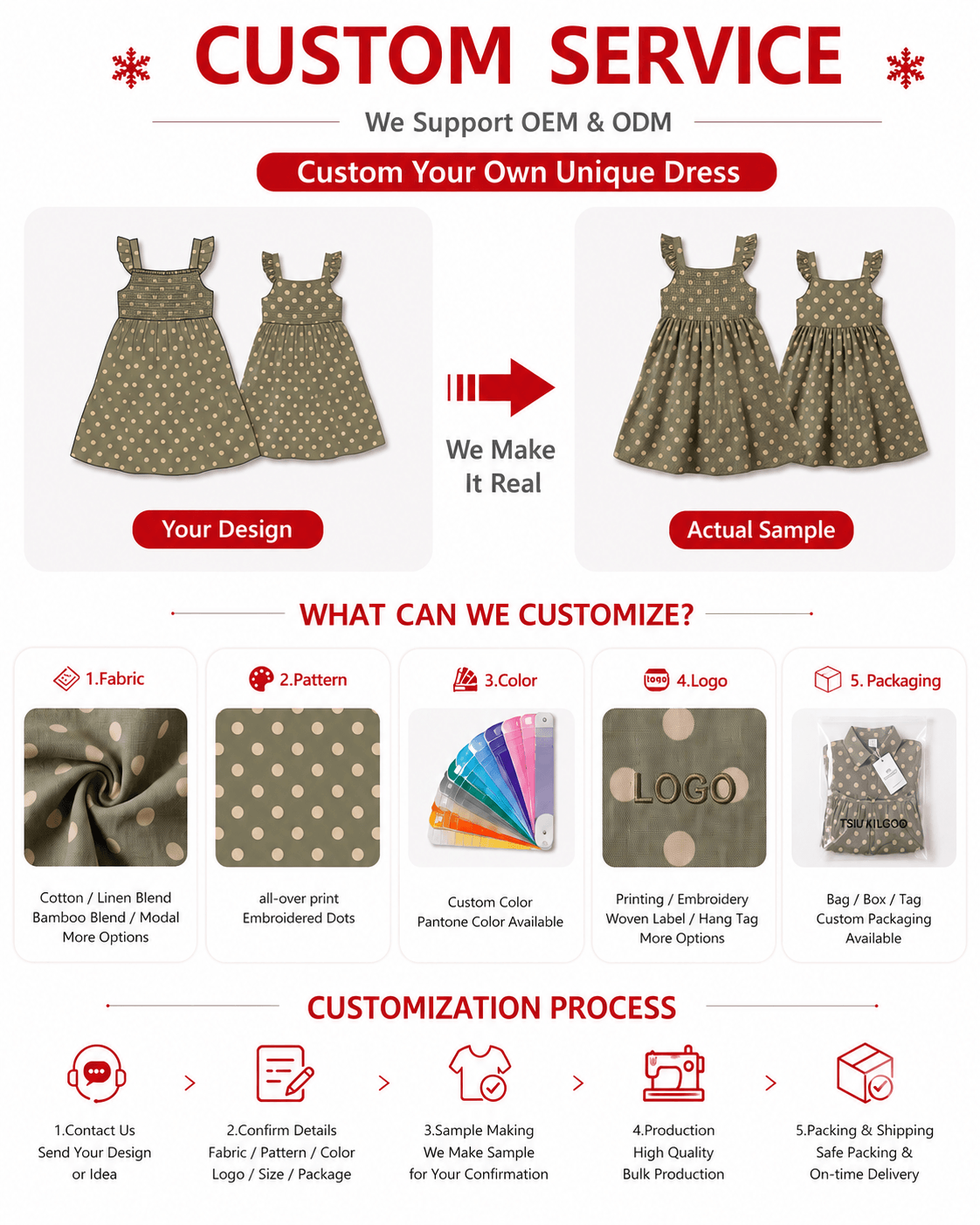 Customization options for sage green polka dot boys’ shirt and girls’ dress set
