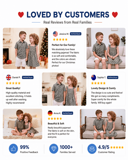 Customer review collage featuring sage green polka dot sibling outfits