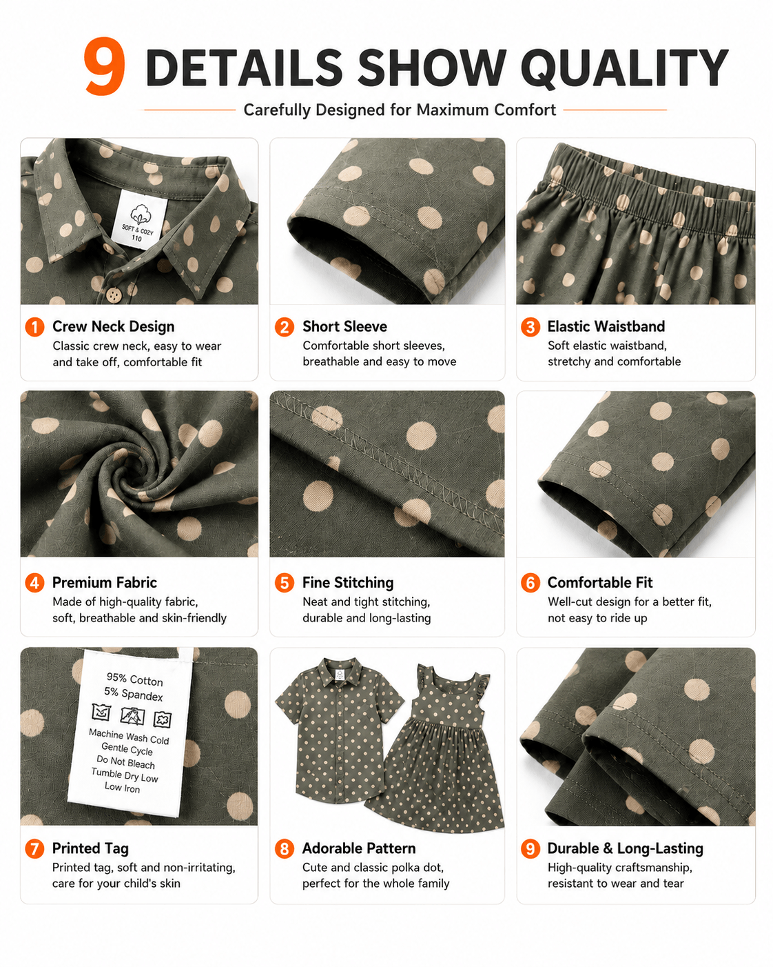 Cotton poplin and construction details of sage green polka dot sibling outfits