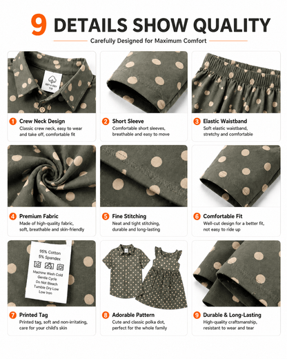 Cotton poplin and construction details of sage green polka dot sibling outfits