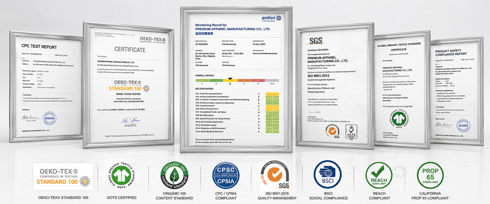 Muhong Garment Co. certifications for baby clothing OEKO-TEX GOTS BSCI SGS ISO