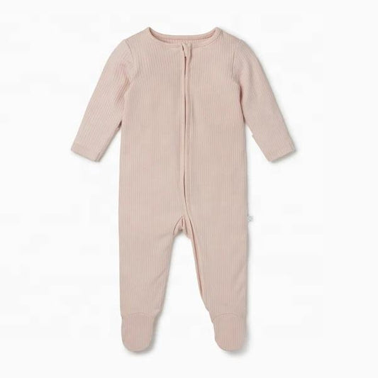 Beige baby bamboo viscose ribbed footed romper with long sleeves and front zipper