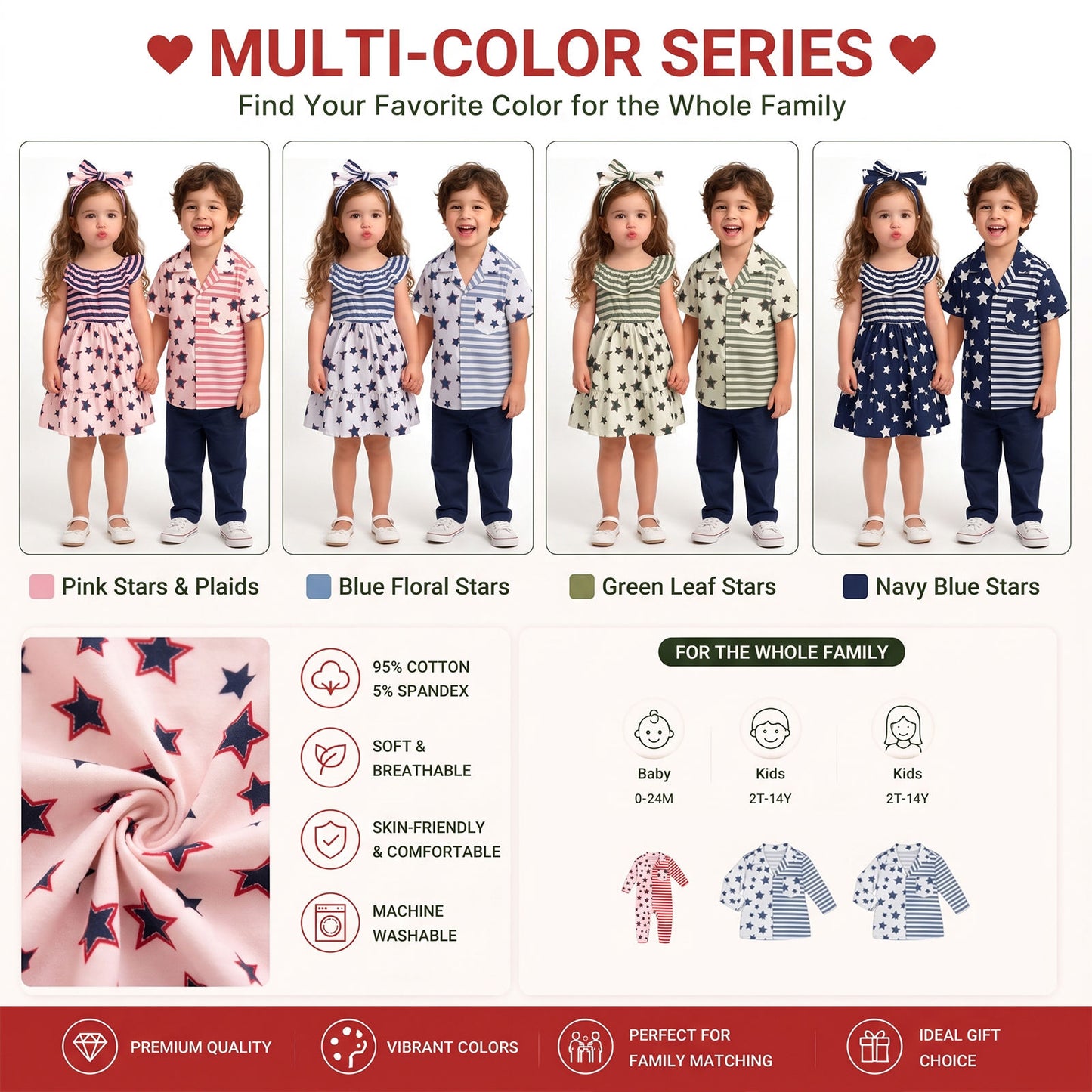 Multicolor sibling matching outfit options featuring coordinating boys shirts and girls dresses