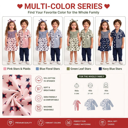 Multicolor sibling matching outfit options featuring coordinating boys shirts and girls dresses