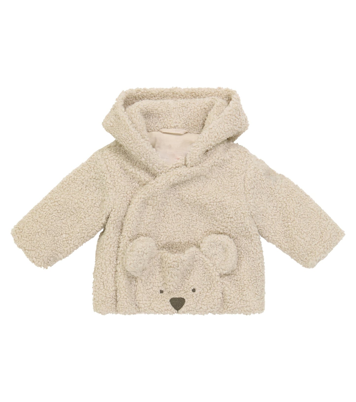 Beige baby hooded teddy fleece winter coat with bear-shaped front pocket