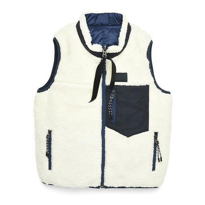 Cream baby teddy fleece vest with navy trim, chest pocket and zippered side pockets
