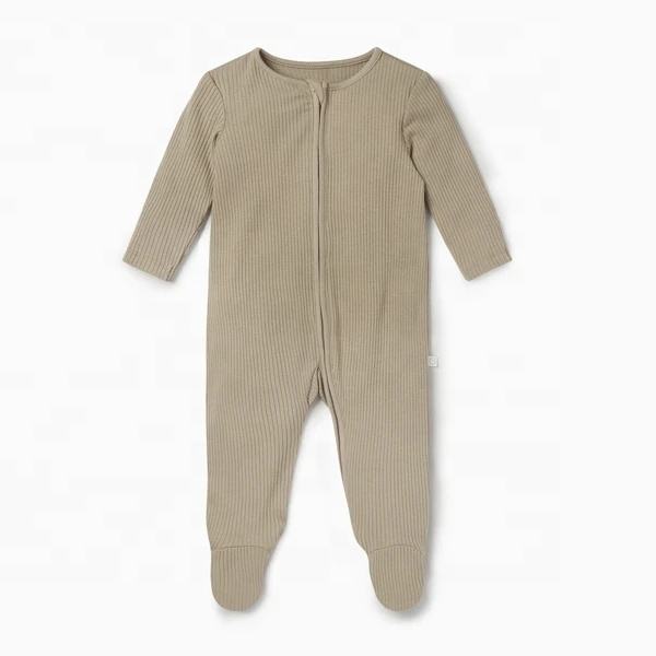 Taupe baby ribbed footed zip romper made for sleepwear and everyday baby essentials