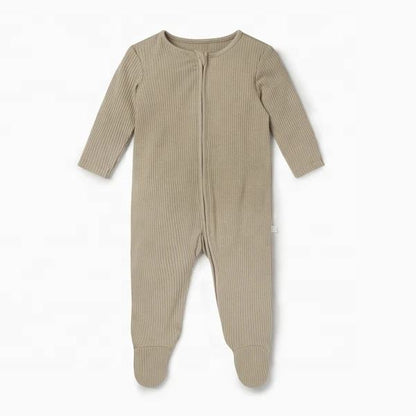 Taupe baby ribbed footed zip romper made for sleepwear and everyday baby essentials