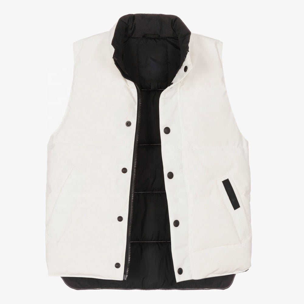 White kids padded stand collar vest with black lining, snap buttons and side pockets
