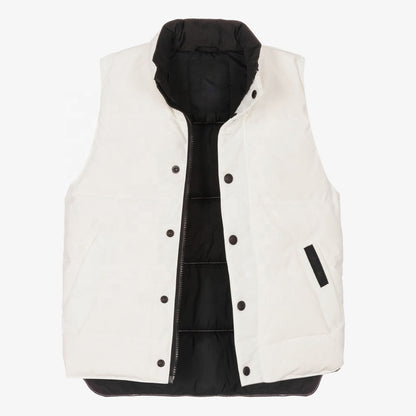 White kids padded stand collar vest with black lining, snap buttons and side pockets