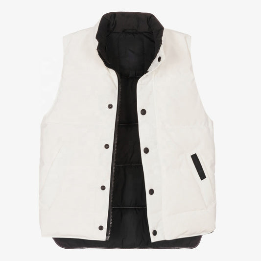 White kids padded stand collar vest with black lining, snap buttons and side pockets