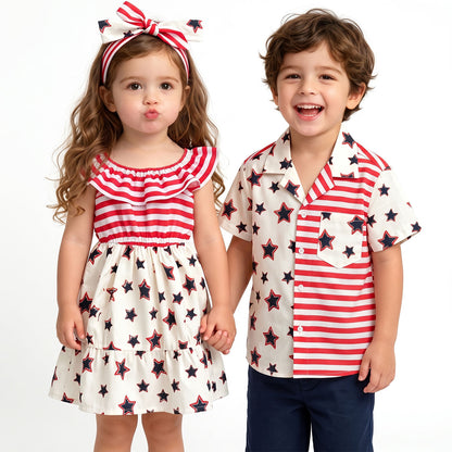 Brother and sister wearing matching star stripe outfits with a girls dress and boys camp collar shirt