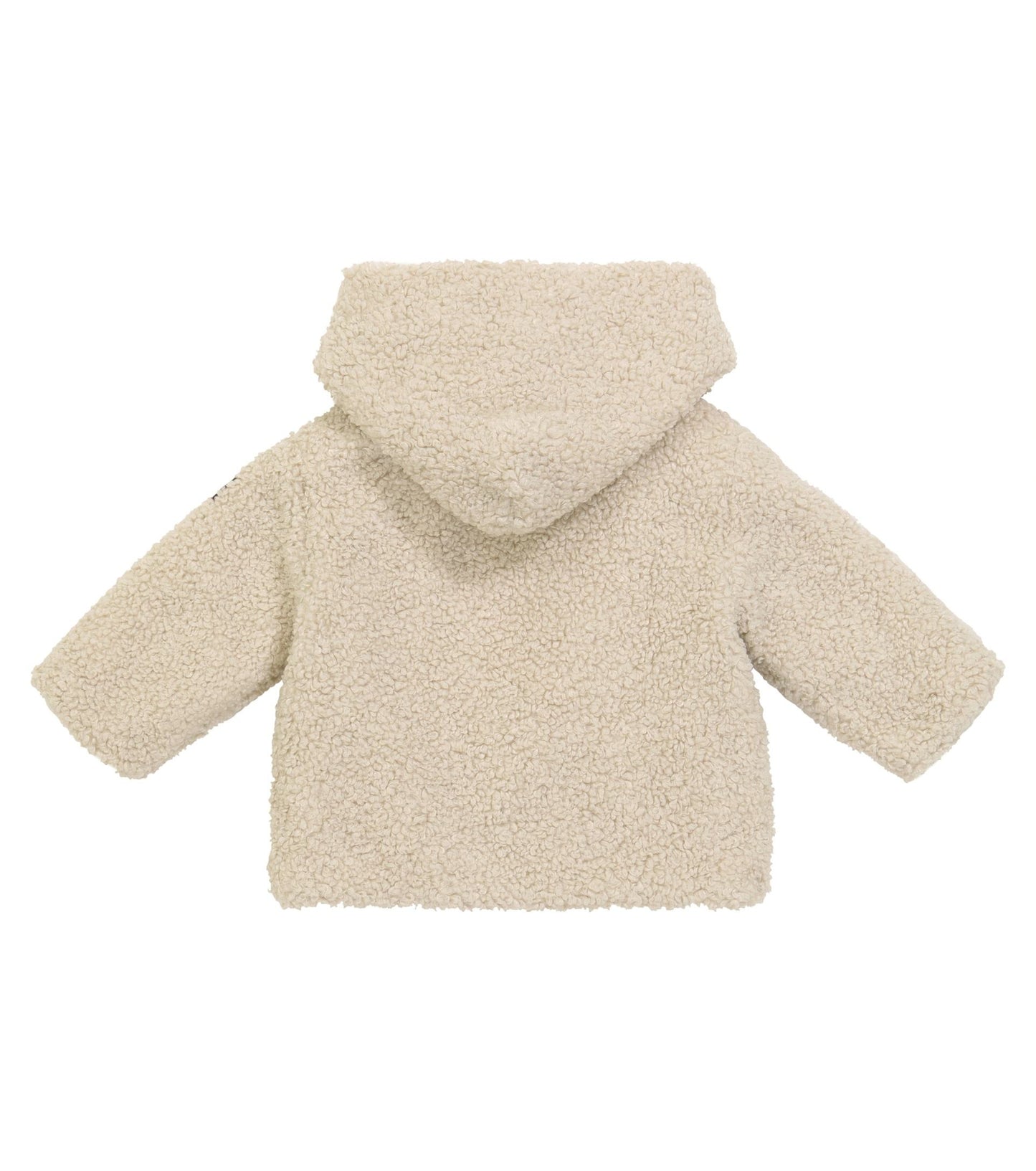 Back view of a beige baby teddy fleece coat with attached hood