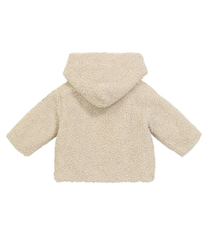 Back view of a beige baby teddy fleece coat with attached hood