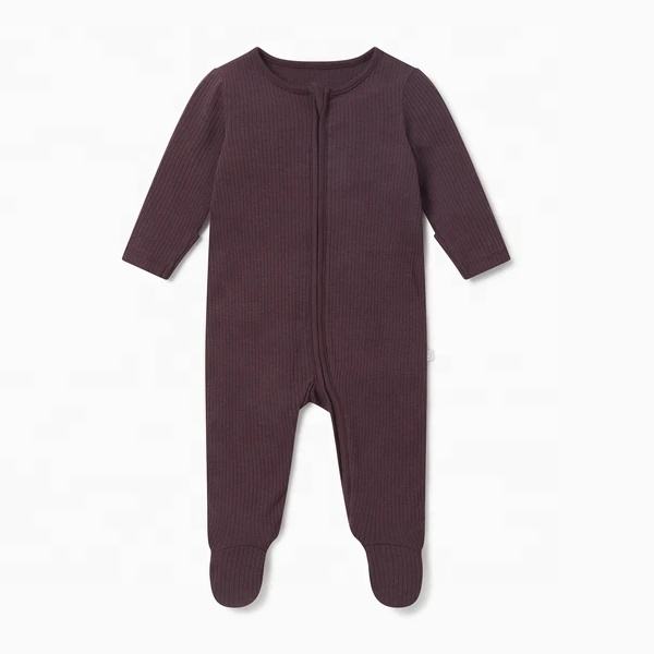 Deep brown solid-color baby bamboo ribbed romper with integrated feet