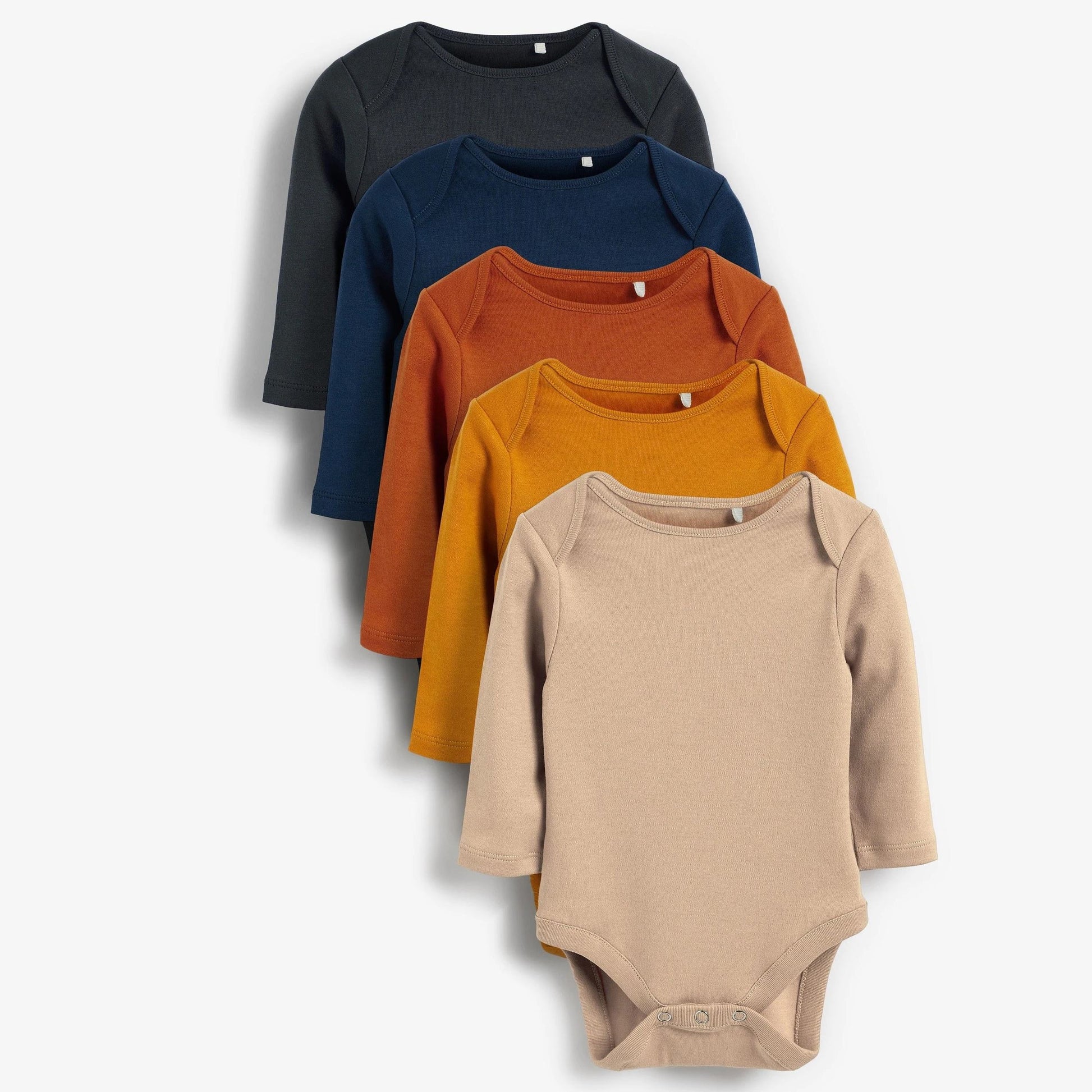 Five-pack baby long-sleeve cotton bodysuits in black navy rust mustard and beige