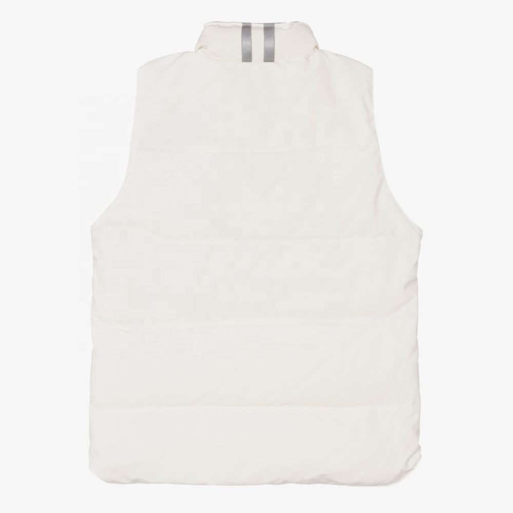 Back view of a white kids quilted padded vest with a stand collar