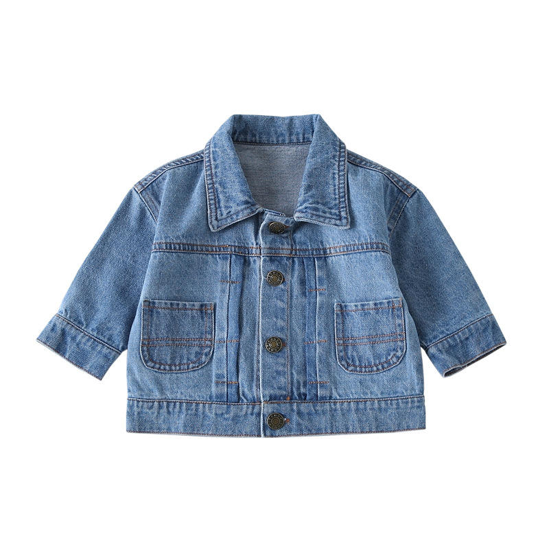 Blue washed baby denim jacket with front buttons and two patch pockets