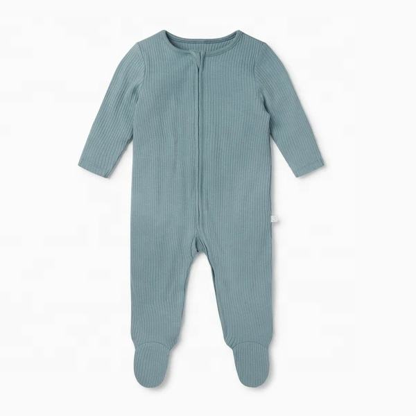 Dusty blue baby bamboo viscose footed sleeper with ribbed fabric and front zipper